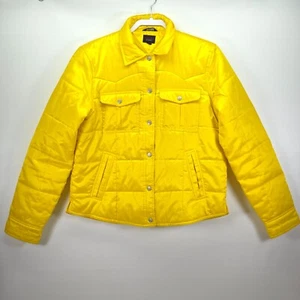 Tommy Jeans Puffer Jacket Womens Large Yellow Lined Y2K Retro Pockets Snap Front - Picture 1 of 16