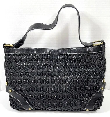 Bolsa de ombro Coldwater Creek preta de couro sintético tecido bolsa hobo forrada - Imagem 1 de 4