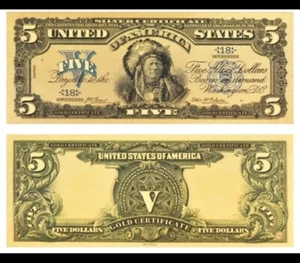 AMAZING 《1899 SILVER CERTIFICATE》 INDIAN CHIEF $5 Rep.*GOLD Banknote - Picture 1 of 2