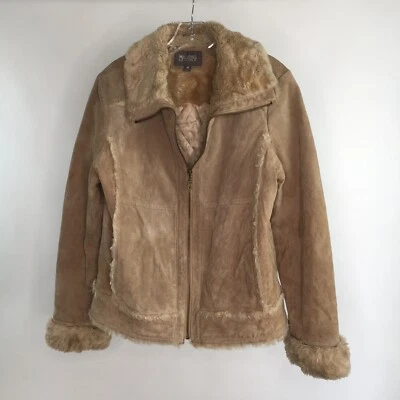 Wilsons Leather Womens M Coat Faux Fur Trim Suede Tan Full Zip Long Sleeve Lined - Image 1 of 4