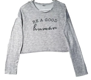 Long Sleeve Crop T-Shirt Women’s Large Be A Good Human Heather Gray Lightweight - Picture 1 of 7