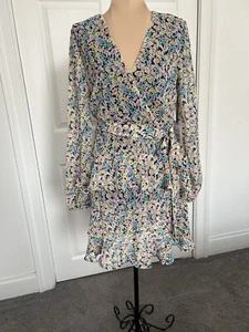 LEITH Dress Long Sleeve Wrap Front Minidress In Blue Ditsy Floral Womens Size S - Picture 1 of 14