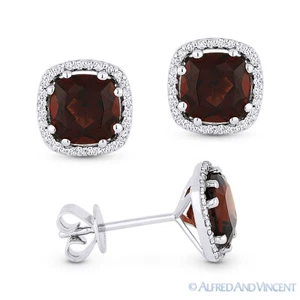 2.73 ct Cushion Cut Garnet & Round Diamond Halo Stud Earrings in 14k White Gold - Picture 1 of 3