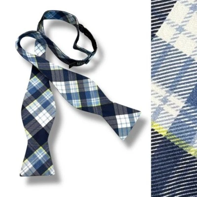 IKE Behar Bow Tie Silk Cotton Blue White Plaid Adjustable Preppy Academia Office - Image 1 of 4