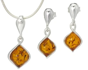 BALTIC AMBER SILVER 925 SET EARRINGS & NECKLACE CHAIN Gemstone Fine Jewellery