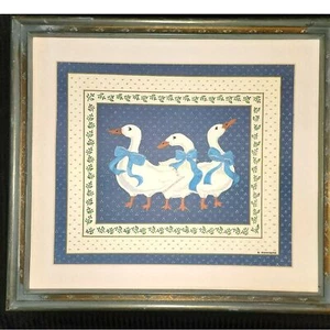 Quadro vintage bianco oche di campagna con nastro blu 16,5" x 18,5" incorniciato paese - Foto 1 di 5
