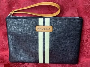 Nautica Black Pebbled Wristlet Clutch With Strap & Striped Lining - Picture 1 of 5