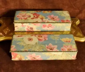 Beautiful PAIR Antique French Cotton Textile Boudoir Boxes, Pink Anemones, C1920 - Picture 1 of 12