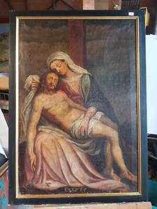 Olio su tela pittura antica ex voto "deposizione" - Foto 1 di 10