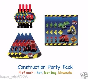 Construction Party Pack, Boy's Birthday Party  4-Hats 4-Loot Bags 4-Blowouts NEW - Picture 1 of 1