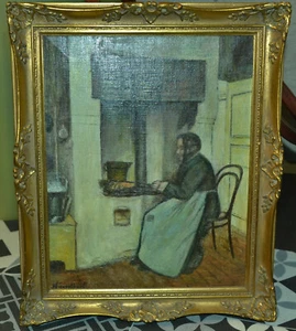 Gemälde,Öl a.Leinwand,alte Frau am offenen Herdfeuer,19.Jhdt,signiertund gerahmt - Imagen 1 de 5