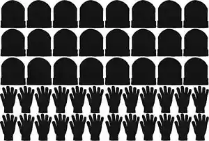 Paquete de 48 conjuntos de sombreros y guantes para hombres y mujeres, conjuntos al por mayor negros cálidos de invierno a granel - Imagen 1 de 12