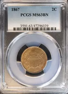 1867 2 Cent Piece PCGS MS63BN Gorgeous Luster and Details, Beautiful Coin!! - Picture 1 of 3