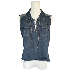 DKNY Vintage Y2K Denim Lace-Up Top Women Sz 13 L Blue Western Sleeveless Raw Hem - Picture 1 of 12