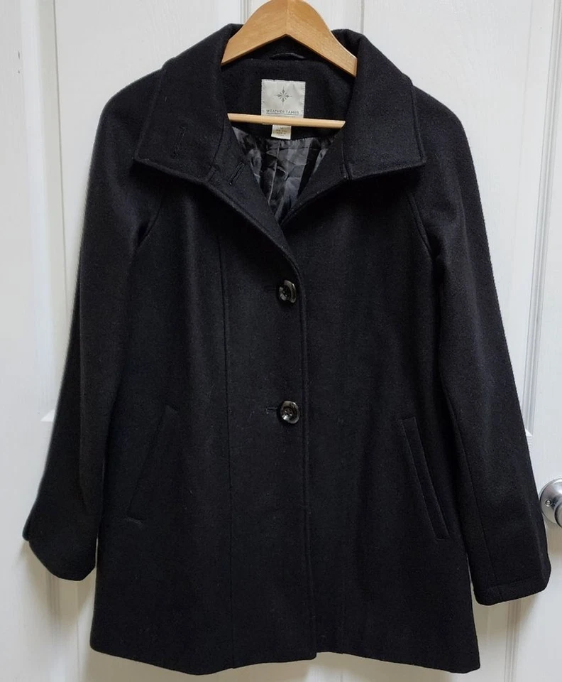 Abrigo Weather Tamer Pea para mujer talla M negro mezcla de lana botón preppy cálido al aire libre Foto 1 de 4