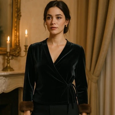 Black Velvet Wrap Size L Mink Fur Cuffs Long Sleeves Adjustable Waist Tie Blouse - Imagem 1 de 4