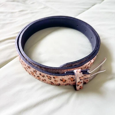 DONNA KATZ Leopard Print 1” Wide Leather Fur Belt Silver Buckle Size Large - Image 1 of 4
