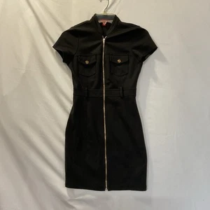 Guess Black Full Zip Front Mini Dress Size XS Gold Zipper + Front Pockets - Picture 1 of 11