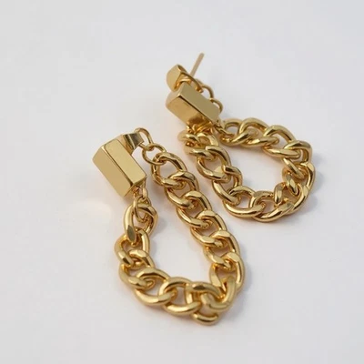 Anthropologie Chain Earrings Link Gold Stud Statement Steampunk  Gothic Boho - Image 1 of 4