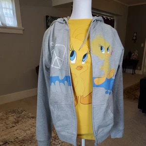 Tweety Jacket and Tshirt  Large Gray Bird Looney Tunes Hoodie Y2K Full Zip Love - Picture 1 of 9