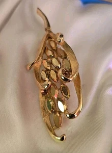 Vintage BSK Brosche goldfarben Perle Bernstein Strass goldfarben Gold Blume Blatt - Bild 1 von 11