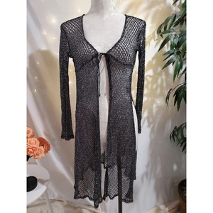 Vtg 90s Y2K Misdemeanor Sparkle Crochet Long Duster Cardigan Size S Goth Fairy - Picture 1 of 10
