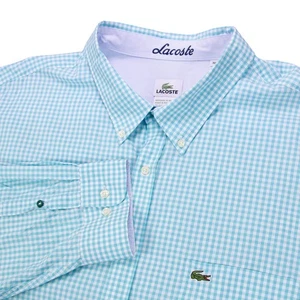 Lacoste Mens 3XL Blue White Mini Gingham Check LS Button Front Shirt - Picture 1 of 11