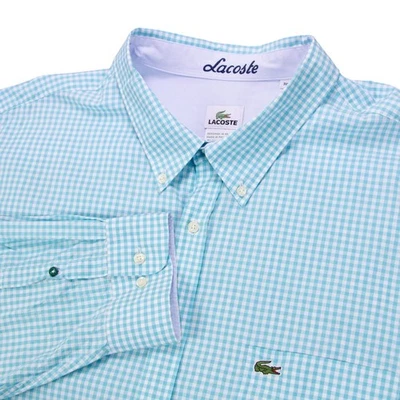 Lacoste Mens 3XL Blue White Mini Gingham Check LS Button Front Shirt - Image 1 of 4