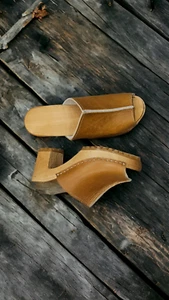 High heel Swedish wooden Clogs of natural brown leather with open toe uppers - Picture 1 of 10