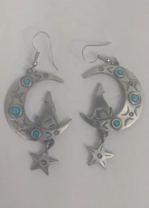 1988 JJ Jonette Howling Wolf Moon Star Faux Turquoise Earring Jewelry southwest - Picture 1 of 8