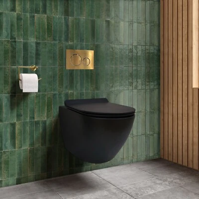 Black Round Wall Hung Rimless Toilet with Soft Close Seat + 1.12m Cistern Frame - Image 1 of 4