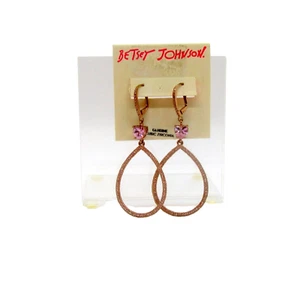 Betsey Johnson Rose Gold Pink CZ Crystal Heart Leverback Dangle Earrings - Picture 1 of 4