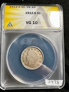 1912-S Liberty V Nickel 5 Cent ANACS VG 10 KEY DATE LOW MINTAGE VG10 2498 - Picture 1 of 4