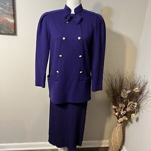 Vintage Louis Féraud Women's Set Pleated Lined Skirt & Top Purple 100% Wool Sz 8