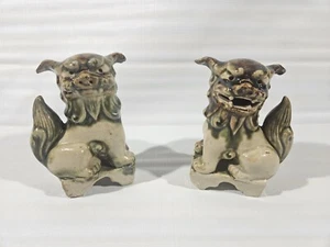 Vtg Pair Of Japanese Shisha Foo Dog Glazed Sculptures Carved Okinawa on Bottoms - Picture 1 of 23