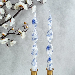 10" Blue & White Printed Taper Candles set of 2 Unscented Spiral Dinner Candle A - Picture 1 of 8