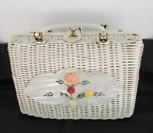 Borsa vintage principessa affascinante Atlas vimini bianchi lucite design floreale Florida - Foto 1 di 12