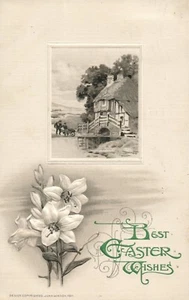 John Winsch Embossed Easter Postcard Black and White House On Water Flowers - Picture 1 of 2