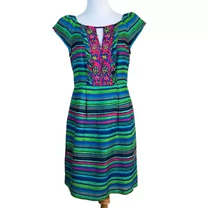 Nanette Lepore Dress 8 Blue Green Silk Linen Stripe Beaded Ruffle Mamacita Frock - Picture 1 of 15