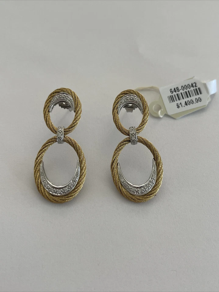 Pendientes Charriol con cable de acero inoxidable amarillo y diamantes pavé de oro blanco de 18k NUEVO Foto 1 de 1