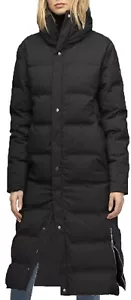 Long Line Black Puffer Coat Side Zip Quilted Body Warmer Popper Zip Hooded - Picture 1 of 8