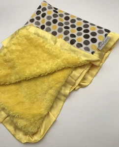 Minky Couture Baby Infant Blanket 36” X 30” Satin Edge Yellow Grey Wht Polka Dot - Picture 1 of 13
