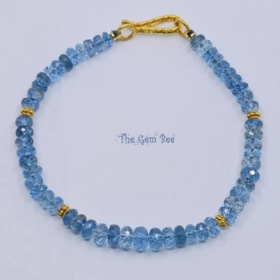 Браслет из чистого желтого золота 18 карат с голубым аквамарином и бусинами Santa Maria Rondelle 7 дюймов - Изображение 1 из 4