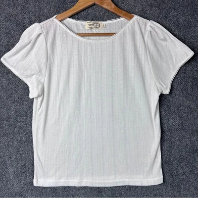 Wyllis pointelle baby tee puff sleeve top XL lace trim boat neck white preppy - Image 1 of 4
