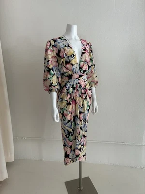 Neiman Marcus 1980’s Vintage 12 Silk Floral Voluminous Sleeve Plunge Neck Dress - Image 1 of 4