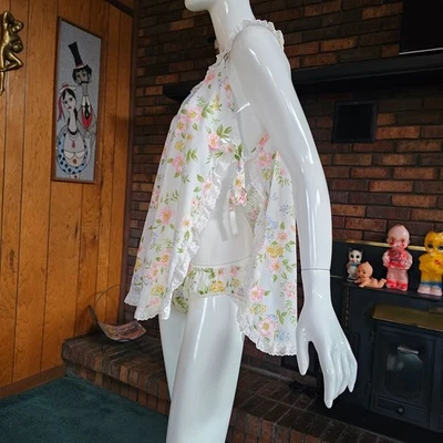 复古 60 年代 2 件透明花卉娃娃短睡衣带内裤套装 L/XL — 第 1/4 张图片