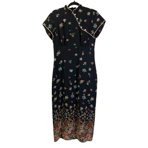 DW3 DAVID WARREN Dress 8 Vintage Mandarin Floral Back Slit Cream Piping Lined - Picture 1 of 14