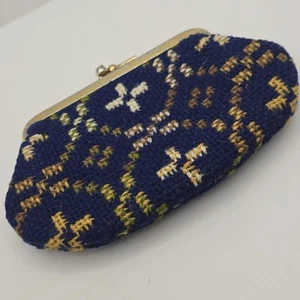 Cartera de lana con bloqueo de beso patrón vintage artesanal azul amarillo crema - Imagen 1 de 8