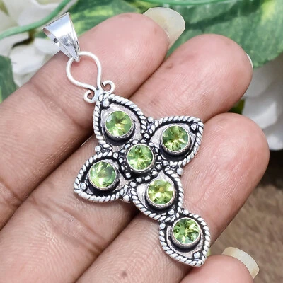 Faceted Peridot Gemstone Cross 925 Sterling Silver Pendant For Anniversary Gift - Image 1 of 4