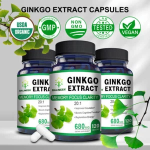 Ginkgo Biloba 680mg 30/60/120 Kapsel Konzentration Gehirn Ginko Gingo Vegan - Bild 1 von 11